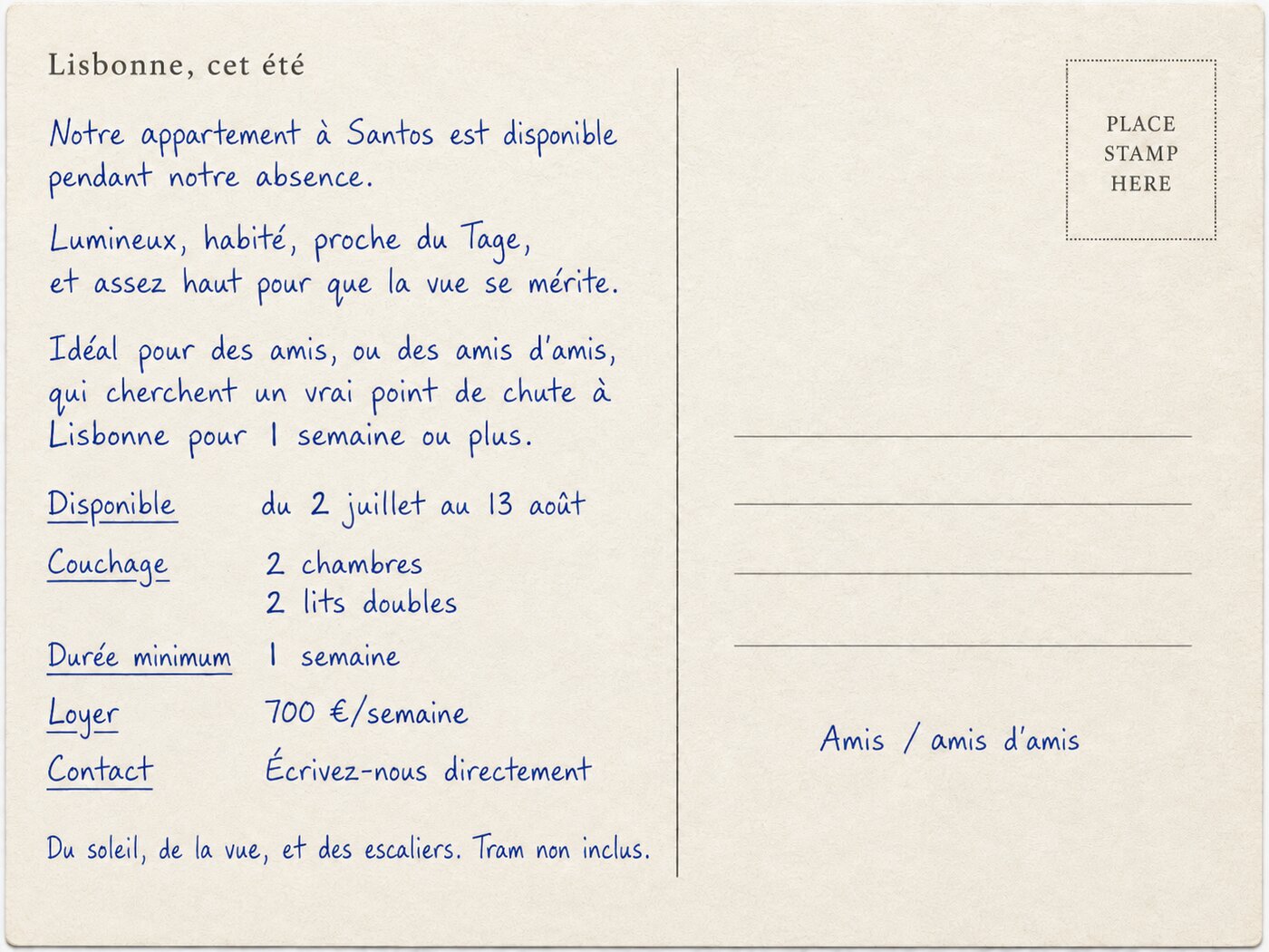Verso de la carte postale (français) — note manuscrite décrivant un appartement à Santos disponible du 2 juillet au 13 août, 2 chambres, 700 euros par semaine.