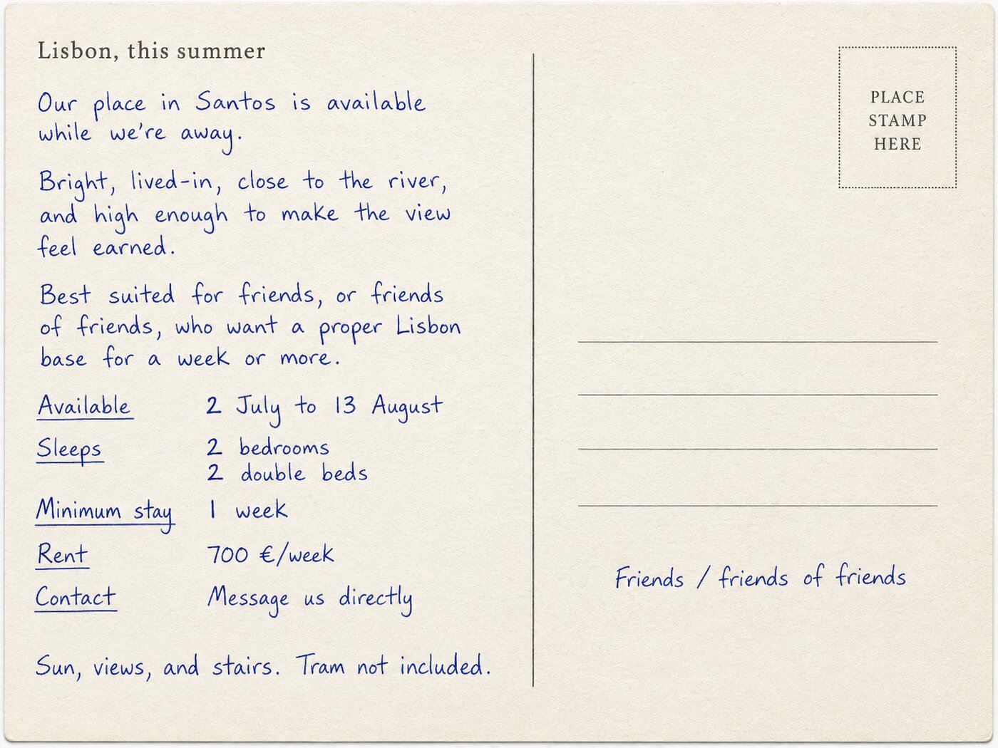 Postcard back — handwritten note describing a Santos flat available 2 July to 13 August, 2 bedrooms, 700 euros per week.