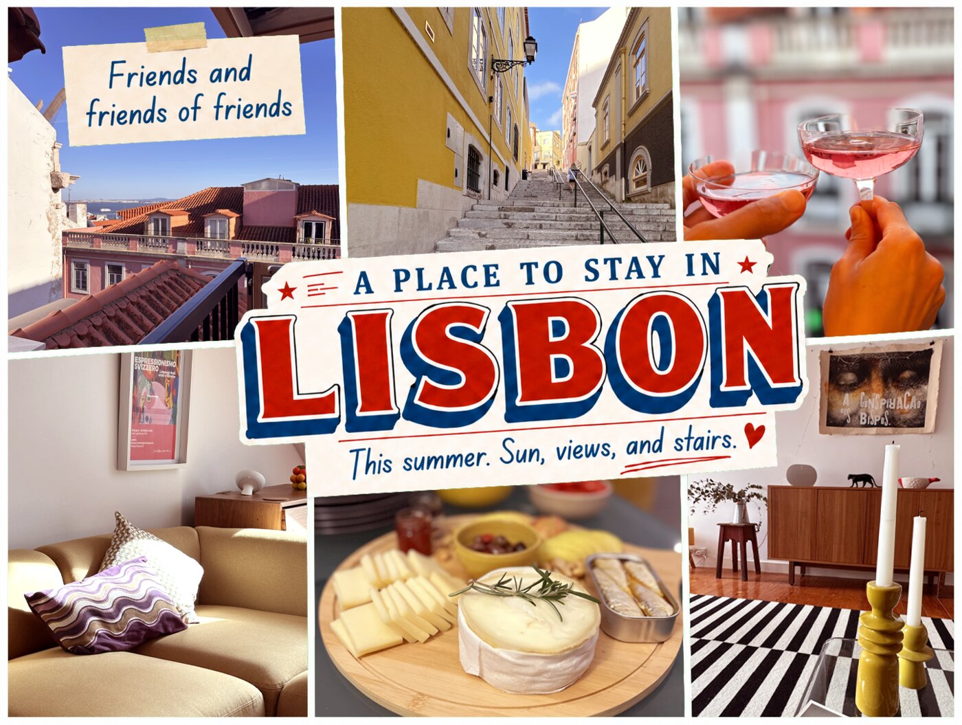 Postcard front — collage of Lisbon scenes with the title "A place to stay in Lisbon, this summer."